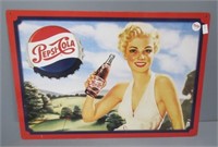 Tin Pepsi Cola sign. Measures: 11" H x 16" W.