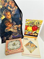 ANTQ KIDS CHINA SET W/BOX, RENOIR APRON, ART BOOKS