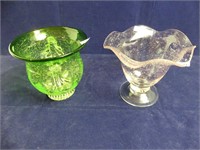 GREEN AND PINK ART GLASS VASES