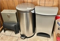 2 step-on stainless trash cans, step stool, file