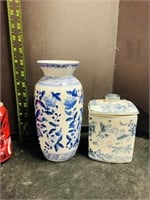 Ceramic Cherub Canister & Porcelain Cobalt Blue