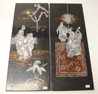 Pair Chinese lacquered MoP inlaid tableaux