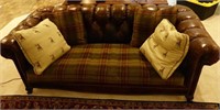 Wesley Hall Leather Sofa w/Tartan Plaid Cushions