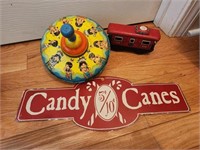 Tin Train Car Tin Spinner And Candy Cane Sign