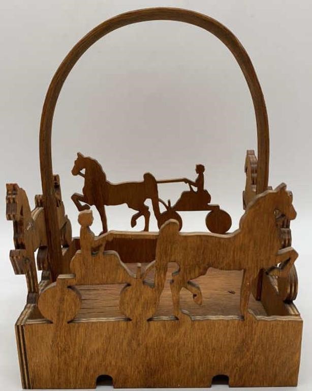 Vintage Hand Made Wooden Basket w/ Horse & Buggy