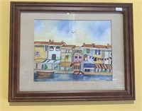 Original watercolor of colorful row houses framed