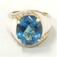 14K gold blue topaz & carved mother of pearl ring