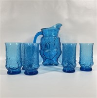 Vintage Anchoring Rain Flower Blue Pitcher w/ 8