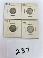 4 Roosevelt silver dimes 1952S 1953 1953D 1953S