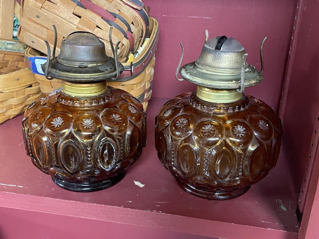 2 amber oil lamp bases