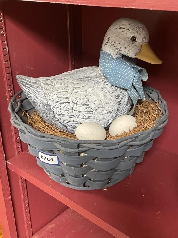 blue basket with goose and eggs