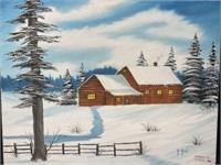 Signed J. Jonah painting on canvas winter cabin