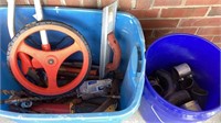 Tote of tools, long drill bits, hole cutters,