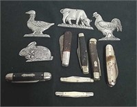 Vintage pocket knives and small metal animal