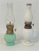 TWO SWEET ANTIQUE MILKGLASS MINIATURE OIL LAMPS