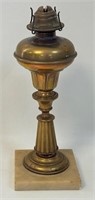 NICE LARGE ANTIQUE BRASS OIL LAMP W STONE BASE