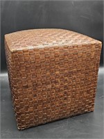 Woven Leather Cube Ottoman, heavy wood. 18.5"