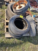 pallet with tires, wagon tire, planter tire,