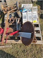 pallet with vintage push mower, tractor seat,