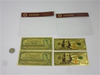 4 billets Canada et USA plaqués or, **aucun cours
