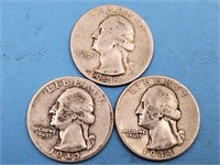 3 Silver Washington Quarter Coins
