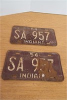 2 Vintage 1954 Indiana License Plates
