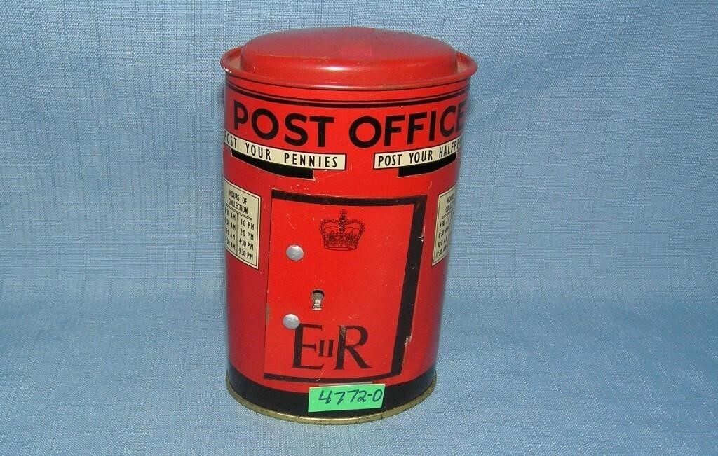 All tin Post Office bank with key