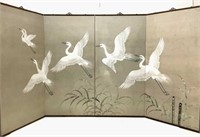 Vintage Chinese Cranes Folding Screen Gouache