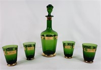 Green Glass Decanter w/ 4 Glasses