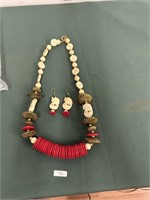 Brass and Bone Handcarved Tribal Necklace/Earrings