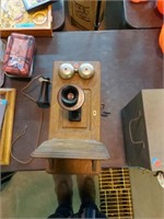 Vintage oak hand crank wall phone