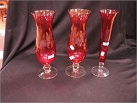 Three ruby etched vases with clear bases, 10" high