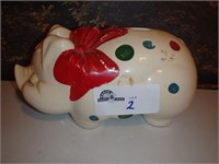 LARGE PIGGY BANK, WHITE WITH RED BOW AND SPOTS