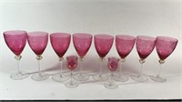 8 Etched Wine Glass Stems and 2 Cordials