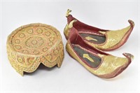 Asian Gold Embroidered Leather Pointed Slippers &
