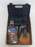 BOX: MULTIMETERS, WIRE CUTTERS, ETC.