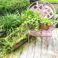 Vtg Pink Iron Chairs, planters, oval planter, etc