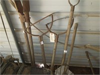 2- SWING BLADES, POST HOLE DIGGERS, PITCHFORK,