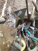 MISC. ITEMS: FUNNEL, SAW, WOOD BITS, AXE HEAD, ETC