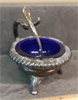 ANTIQUE SILVERPLATE SALT WITH SPOON - COBALT BLUE