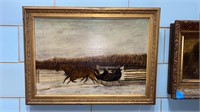 ANTIQUE OIL PAINTING ON CANVAS OF HORSE & SLEIGH
