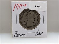 1911-S 90% Silver Barber Half $1 Dollar