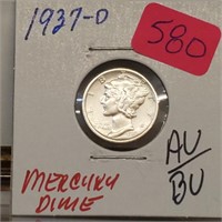 1937-D 90% Silver AU/BU Mercury Dime 10 Cents