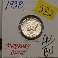 1938 90% Silver AU/BU Mercury Dime 10 Cents