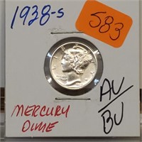 1938-S 90% Silver AU/BU Mercury Dime 10 Cents