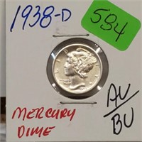 1938-D 90% Silver AU/BU Mercury Dime 10 Cents