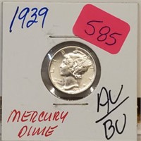 1939 90% Silver AU/BU Mercury Dime 10 Cents.