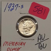 1937-S 90% Silver AU/BU Mercury Dime 10 Cents