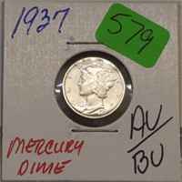 1937 90% Silver AU/BU Mercury Dime 10 Cents