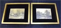 2 Wooden Framed Velvet Matted Farm Scenes